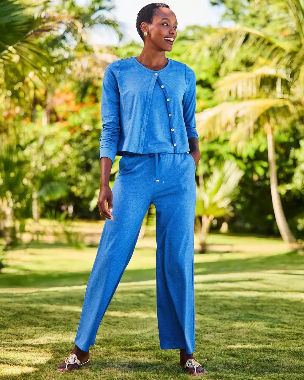 UPF 50+ Callie 30" Wide Leg Pant - Heathered Merriweather Blue