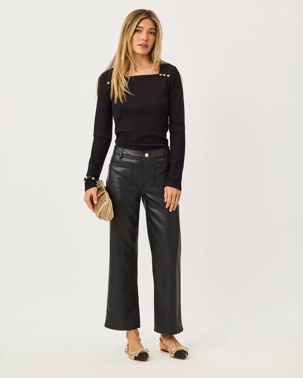 Beaty Long Sleeve Square Neck Knit Top - Noir
