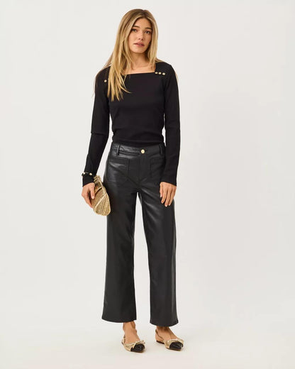 Beaty Long Sleeve Square Neck Knit Top - Noir