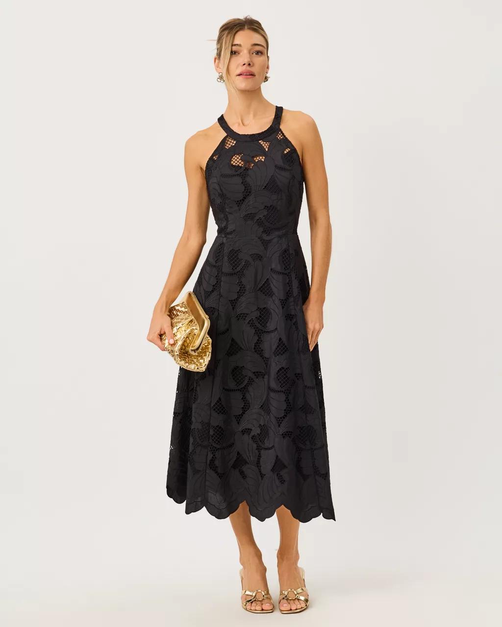 Denise Lace Halter Midi Dress - Noir