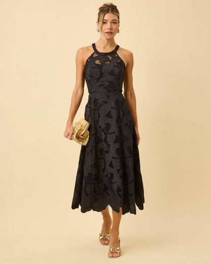 Denise Lace Halter Midi Dress - Noir