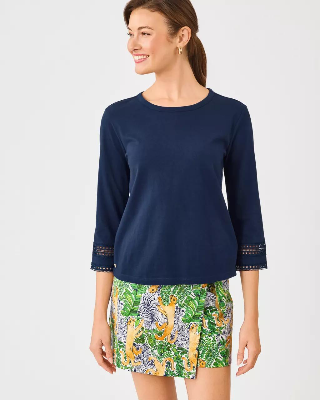 Clairmont 3/4 Sleeved Trimmed Knit Top - Low Tide Navy