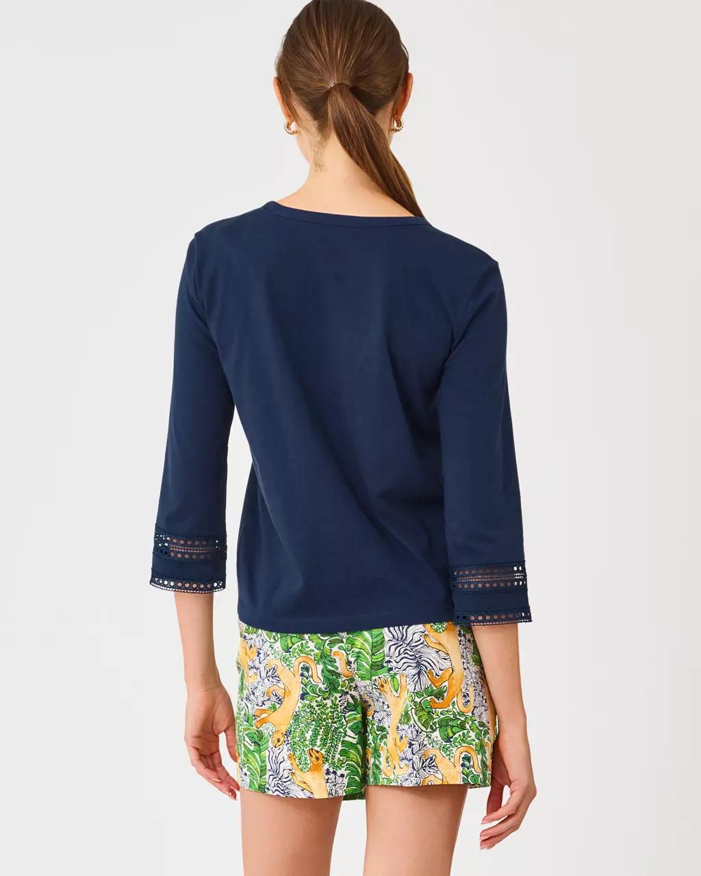 Clairmont 3/4 Sleeved Trimmed Knit Top - Low Tide Navy