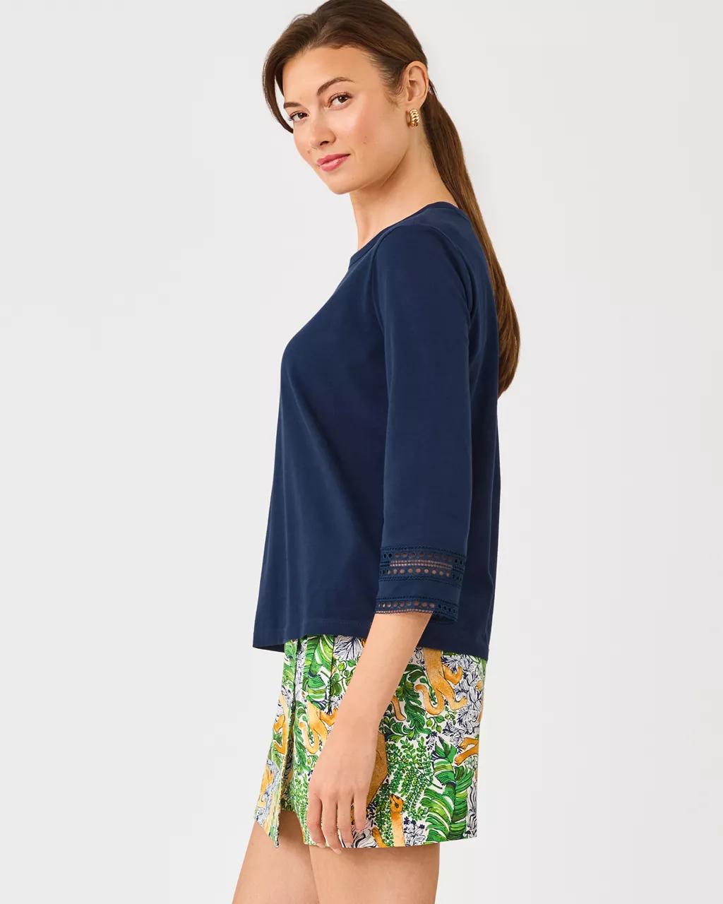 Clairmont 3/4 Sleeved Trimmed Knit Top - Low Tide Navy