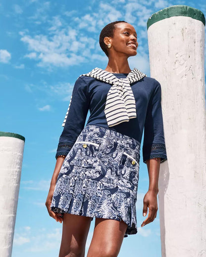 Clairmont 3/4 Sleeved Trimmed Knit Top - Low Tide Navy