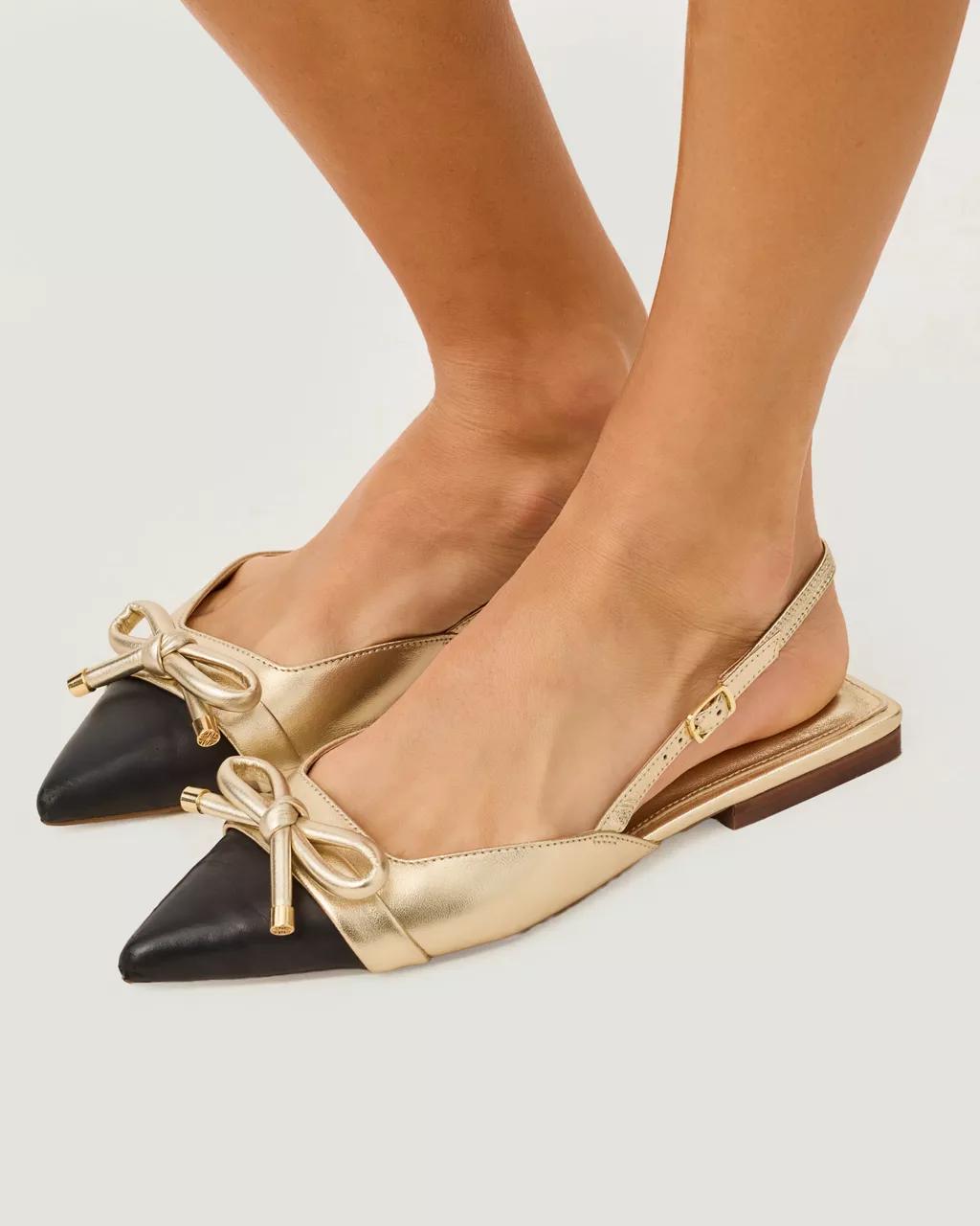 Brit Leather Bow Slingback Shoe - Gold Metallic X Noir