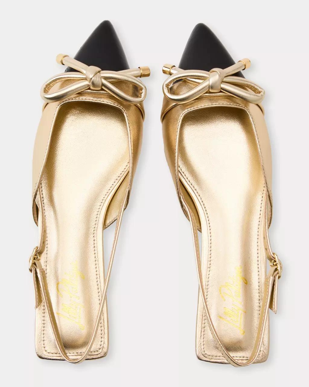 Brit Leather Bow Slingback Shoe - Gold Metallic X Noir