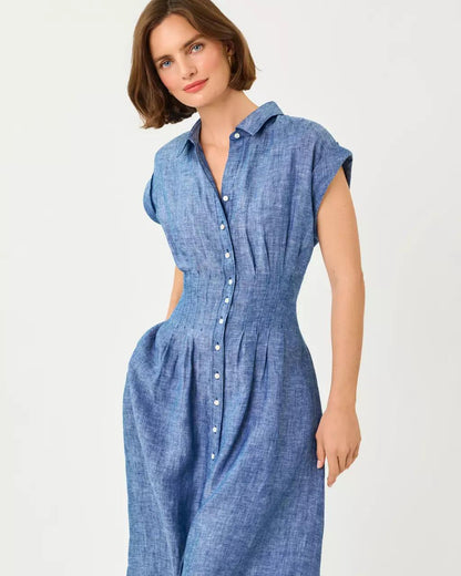 Tonya Linen Midi Shirtdress - Starlight Navy X Resort White