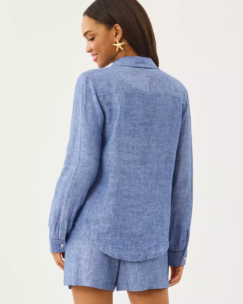 Sea View Linen Button Down Shirt - Starlight Navy X Resort White