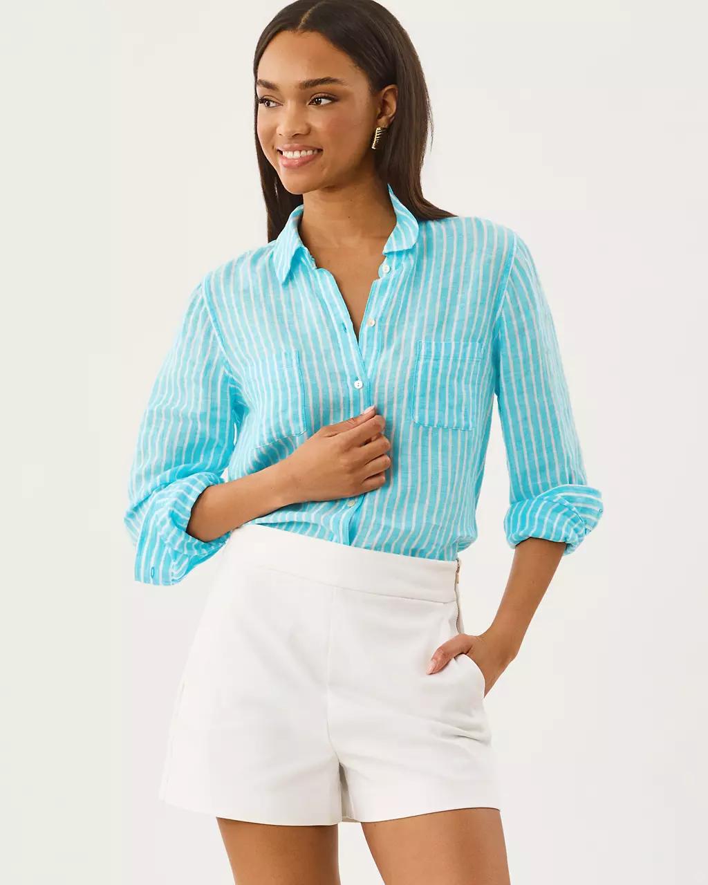 Sea View Linen Button Down Shirt - Capri Blue
