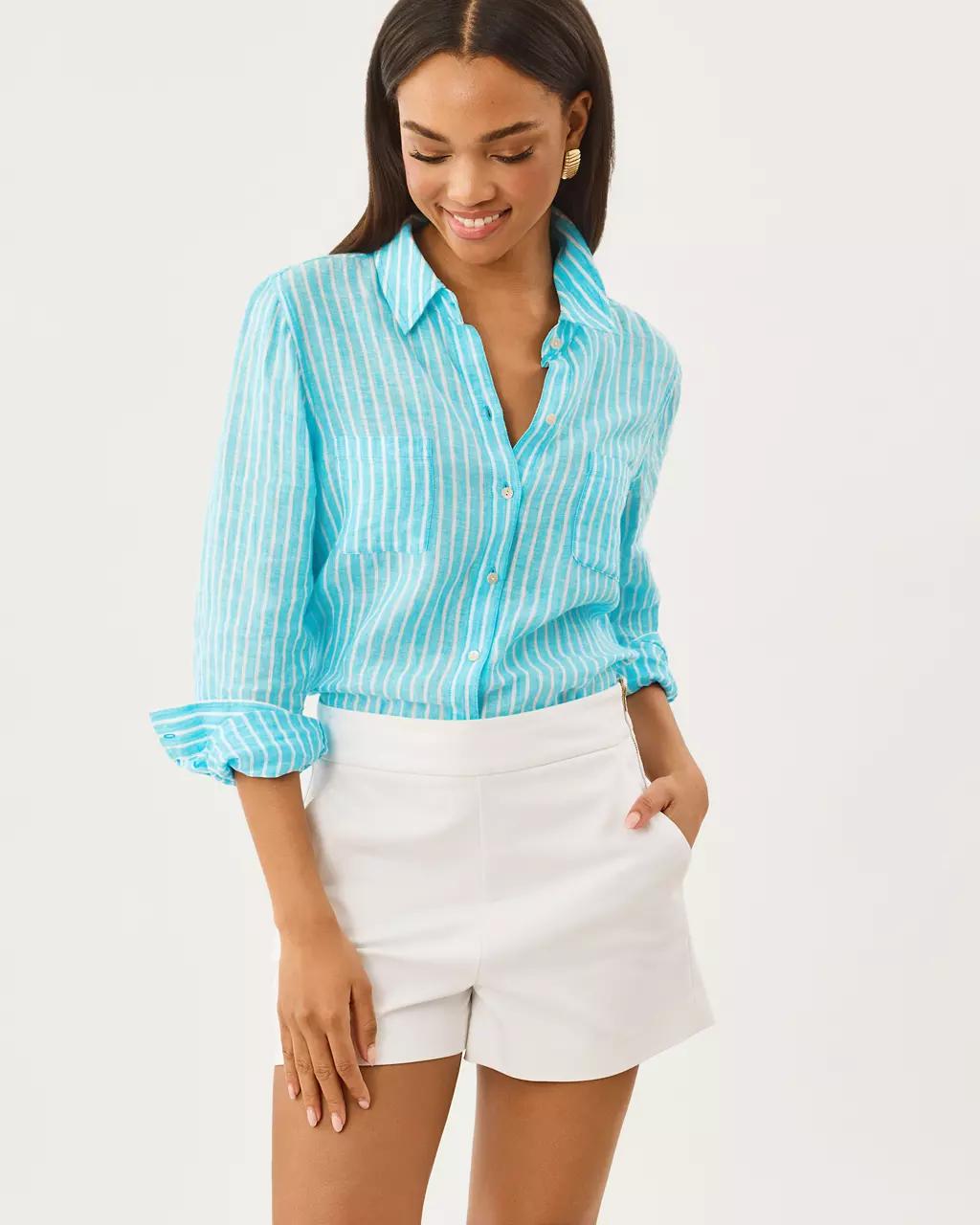 Sea View Linen Button Down Shirt - Capri Blue