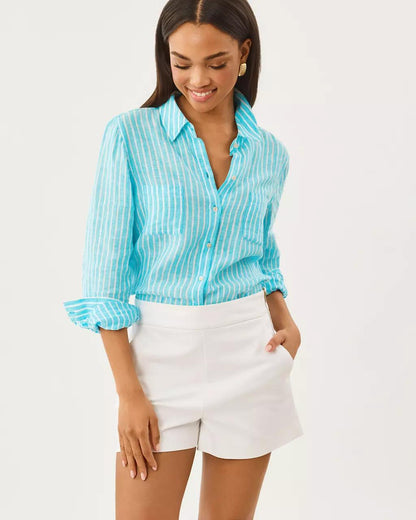 Sea View Linen Button Down Shirt - Capri Blue