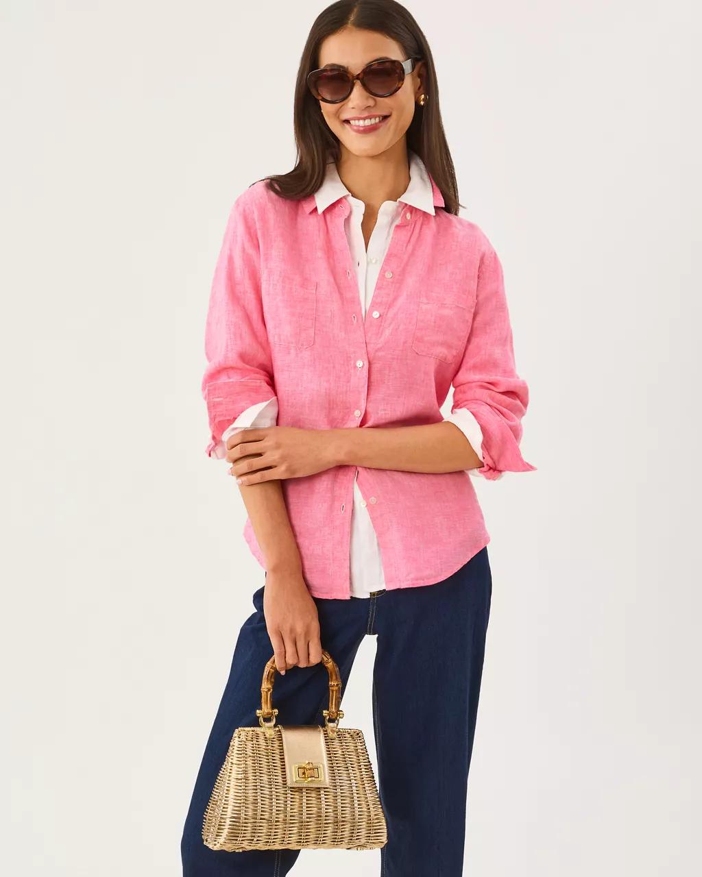 Sea View Linen Button Down Shirt - Cherry Blossom Pink X Pink Muse