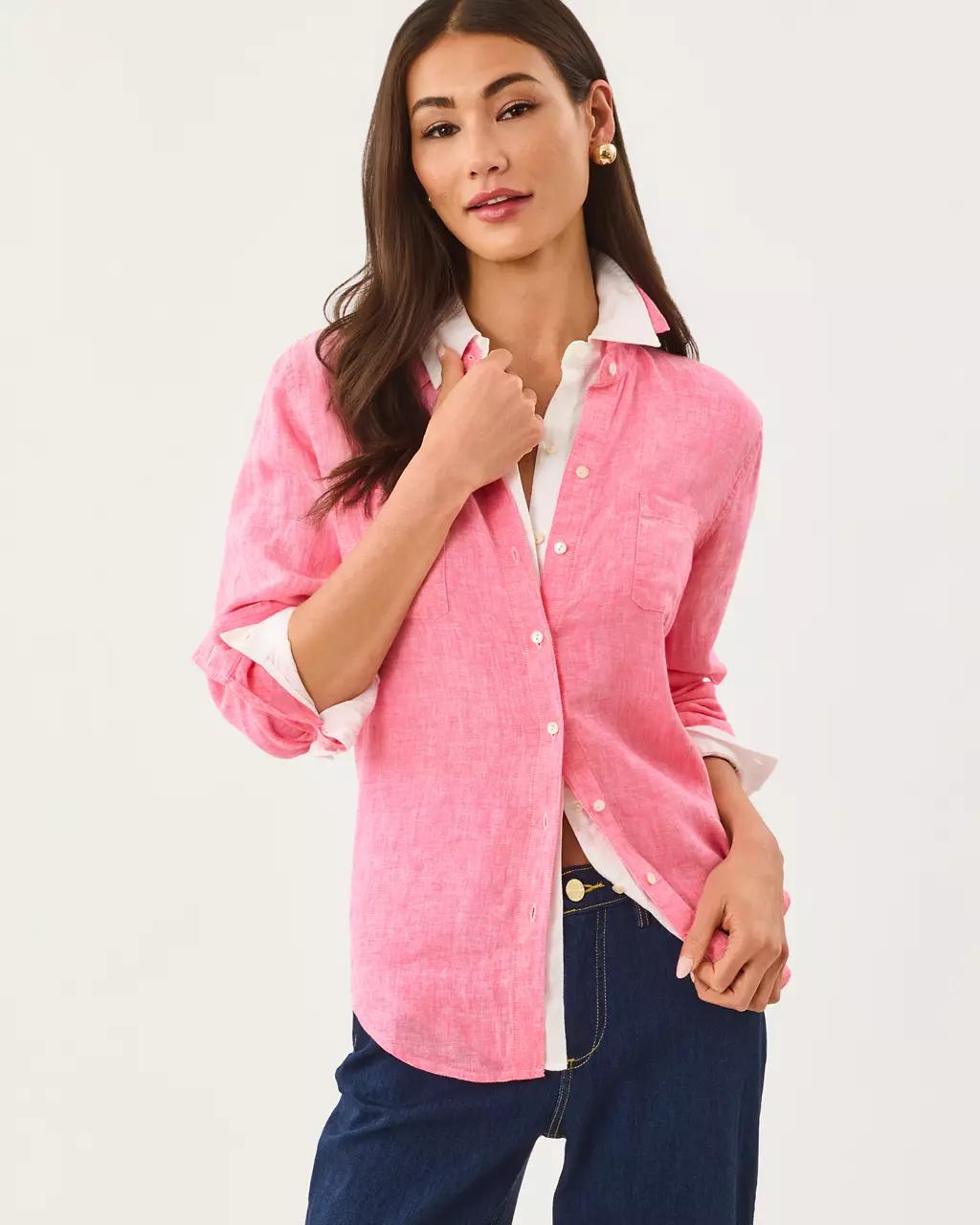 Sea View Linen Button Down Shirt - Cherry Blossom Pink X Pink Muse