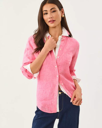 Sea View Linen Button Down Shirt - Cherry Blossom Pink X Pink Muse