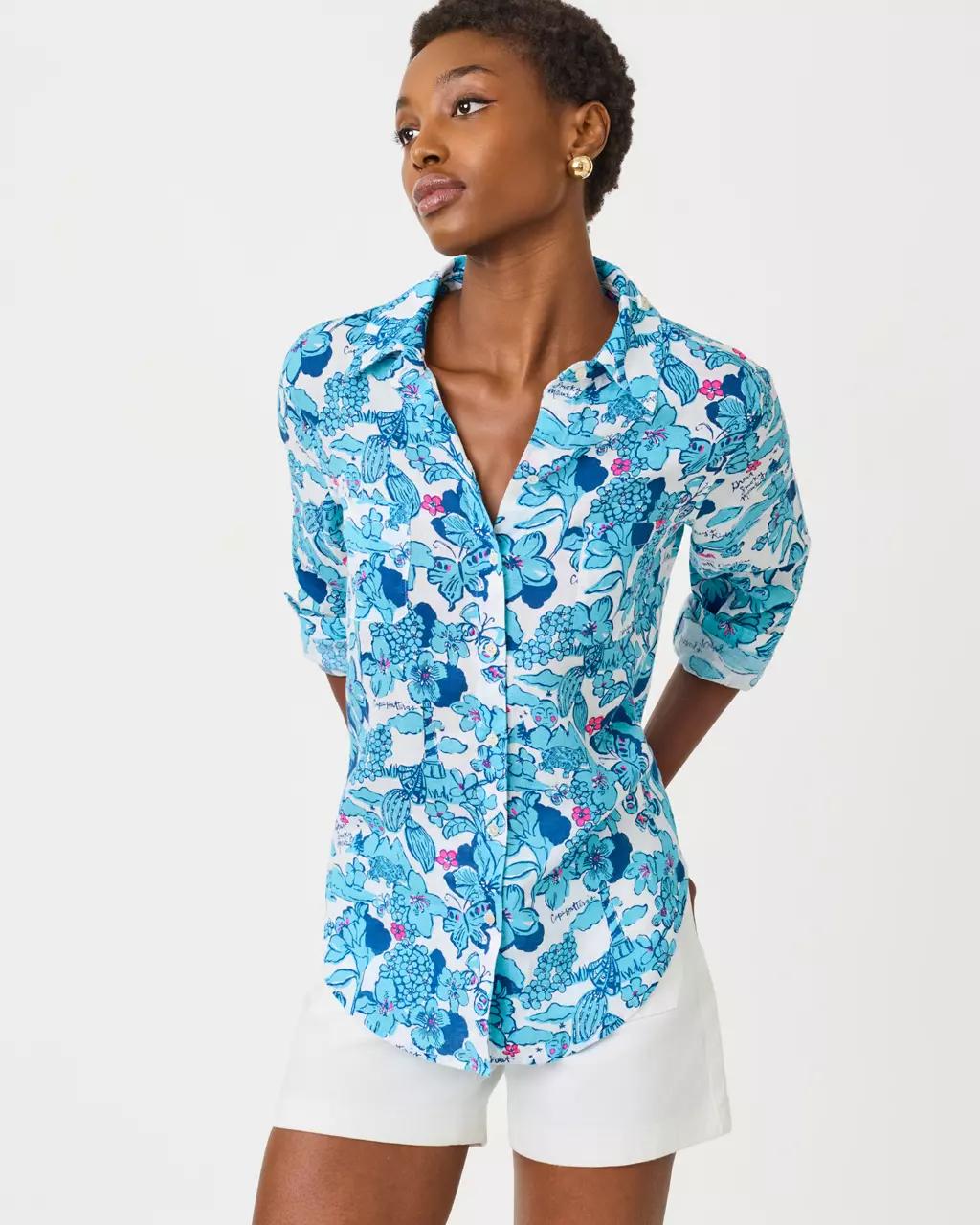 Sea View Linen Button Down Shirt - Capri Blue