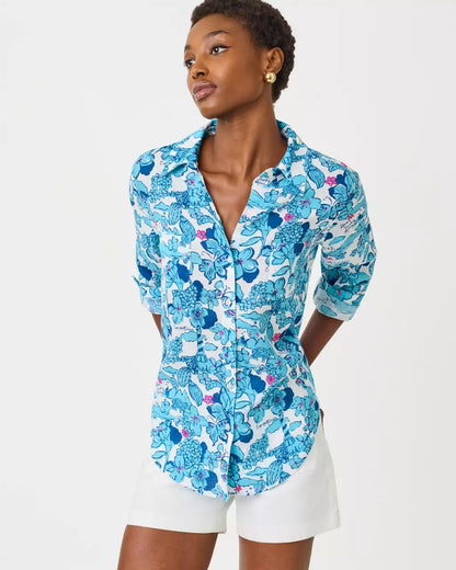 Sea View Linen Button Down Shirt - Capri Blue