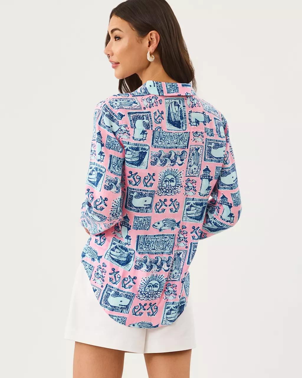 Sea View Linen Button Down Shirt - Conch Shell Pink
