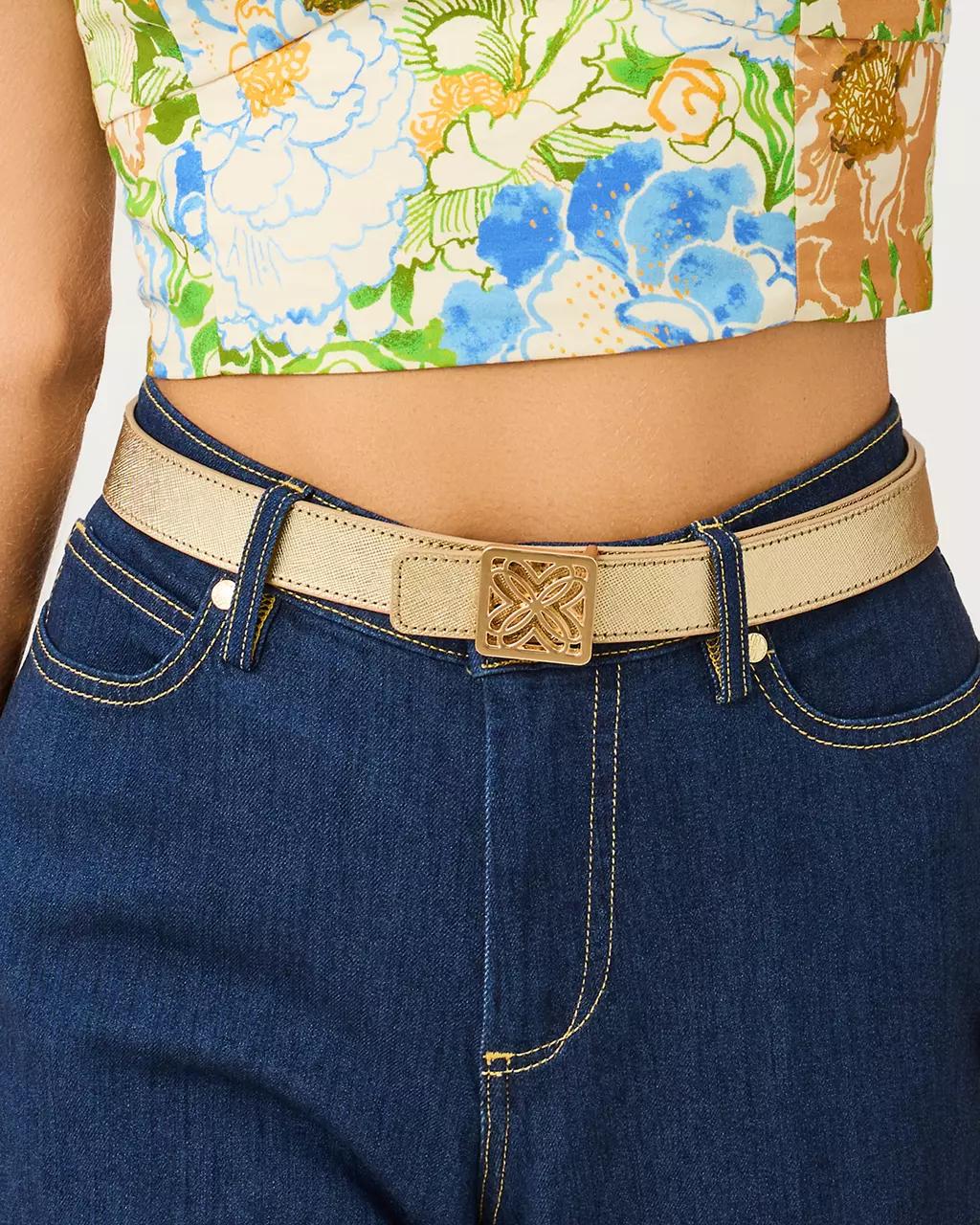Skinny Leather Logo Belt - Gold Metallic