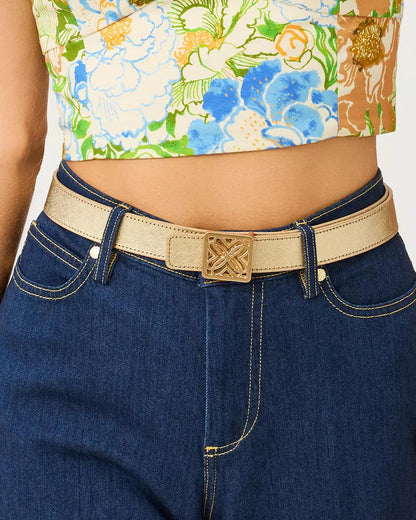 Skinny Leather Logo Belt - Gold Metallic