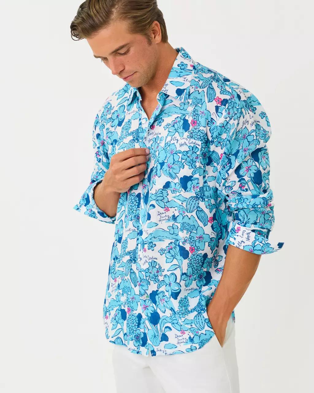 Men's Stuff Addison Button Down Linen Shirt - Capri Blue